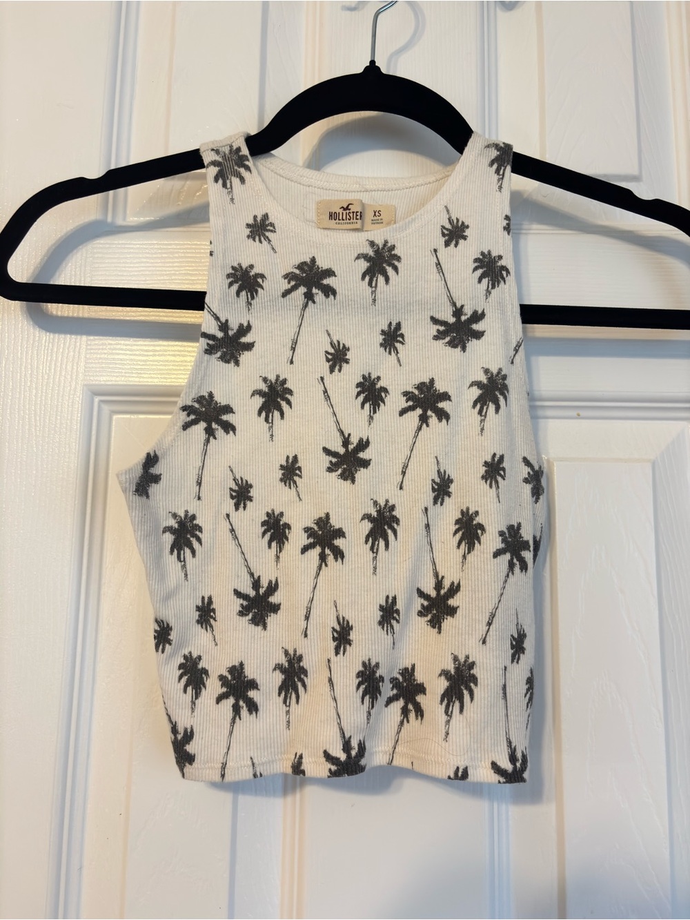 Hollister White Ribbed Tank with Black Palm Tree Print